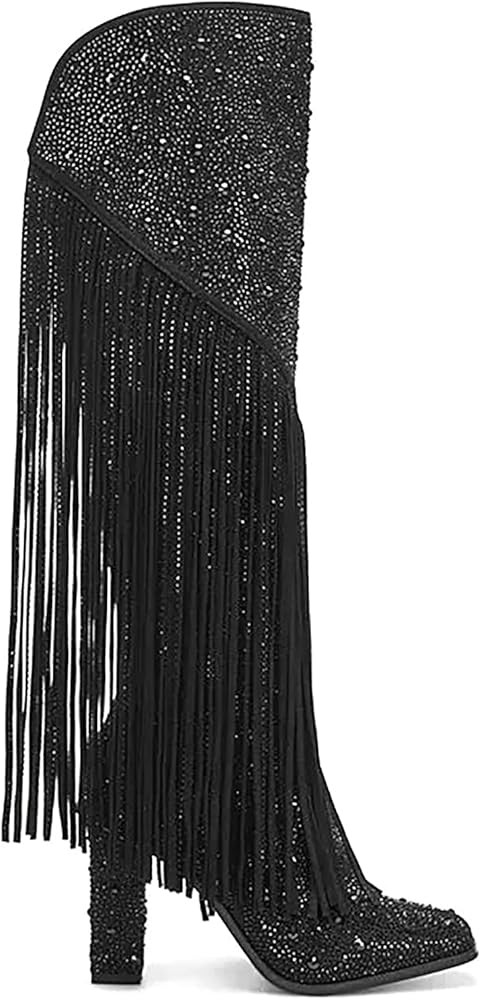 Ouepiano Women's Fringe Rhinestone Cowboy Boots Western Cowgirl Pointed Toe Block High Heel Zippe... | Amazon (US)