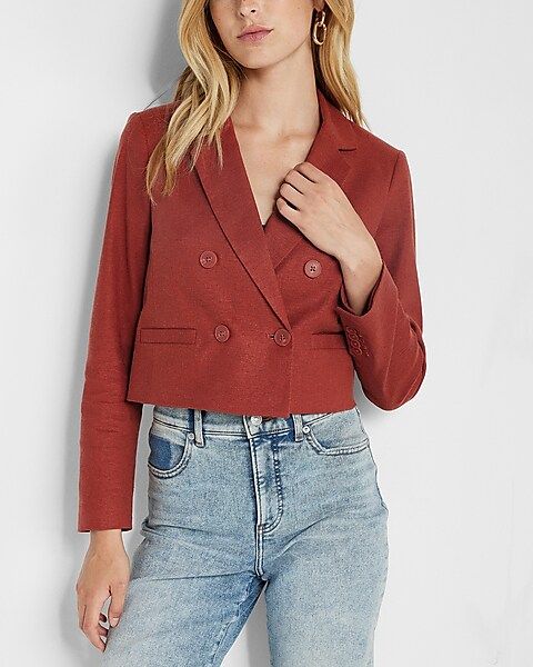 Double Breasted Linen-Blend Cropped Blazer | Express