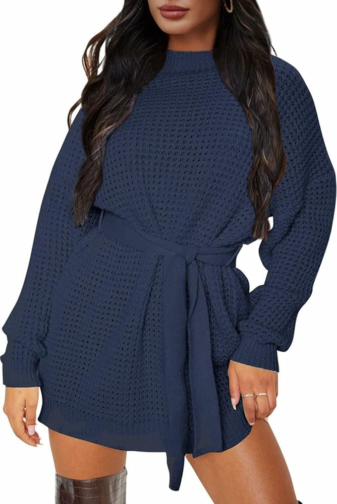 ZESICA Women's 2023 Fall Long Sleeve Solid Color Waffle Knitted Tie Wasit Tunic Pullover Sweater ... | Amazon (US)