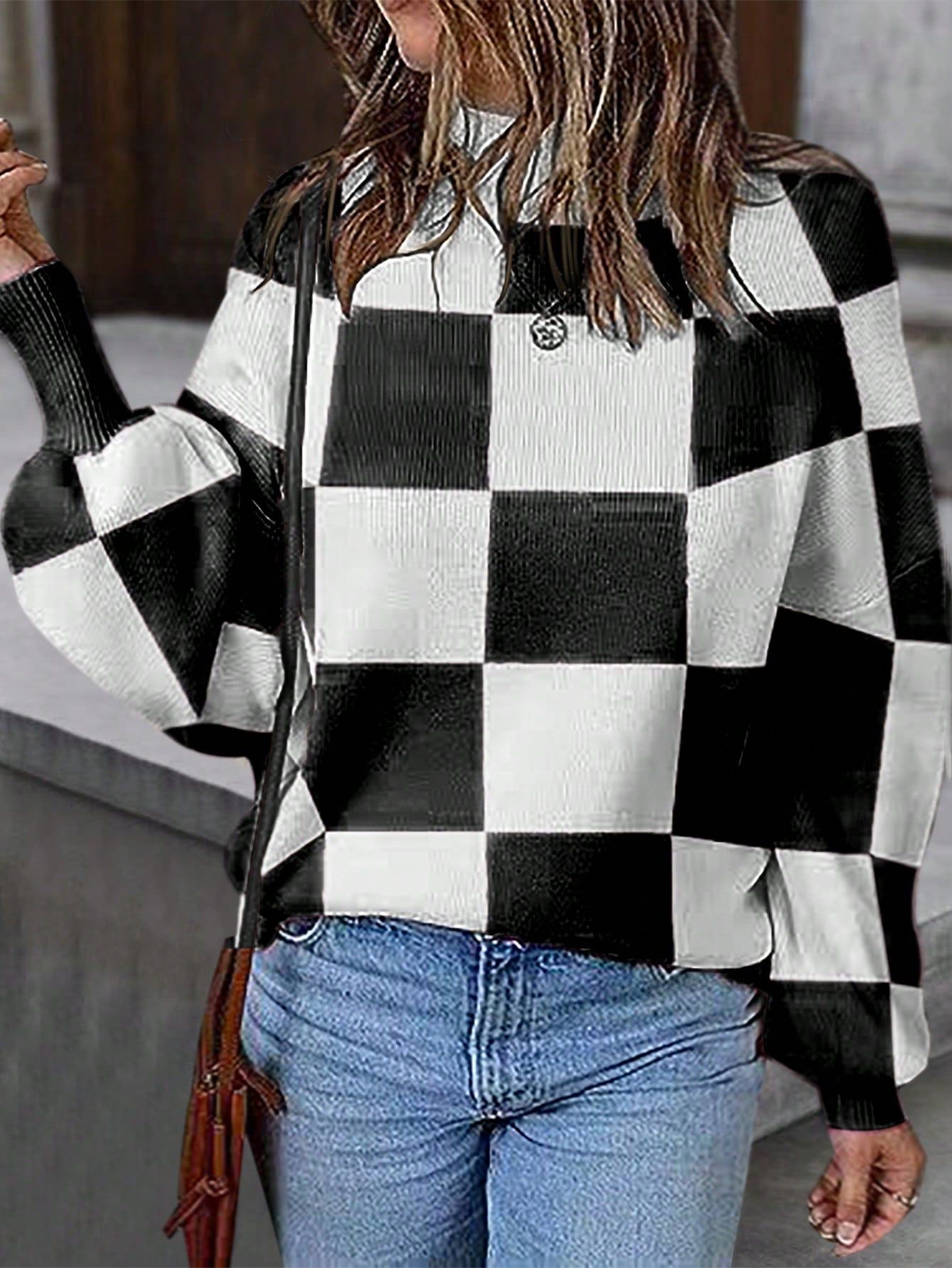 Checker Pattern Mock Neck Drop Shoulder Sweater | SHEIN