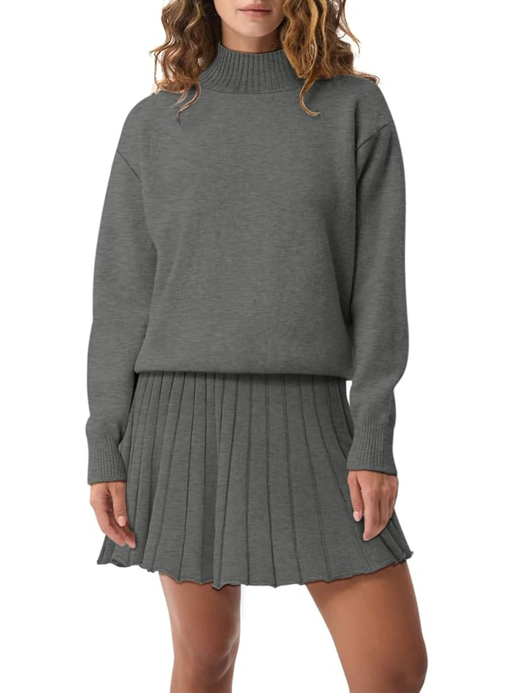Women's Two Piece Outfits Turtleneck Long Sleeve Ribbed Knit Tops Pleated Mini Skirt 2025 Casual ... | Amazon (US)