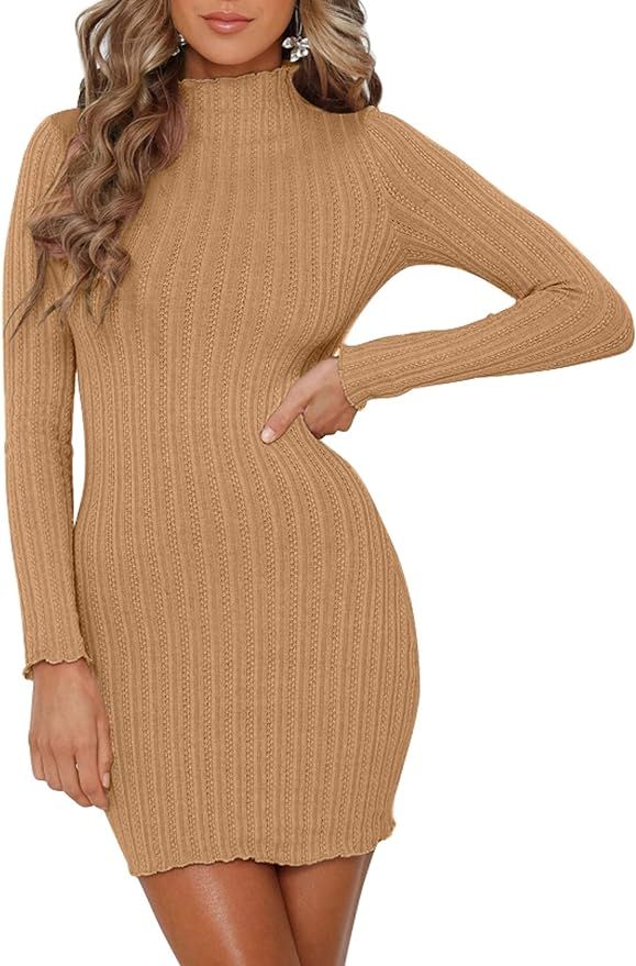 Mokoru Women's Ribbed Bodycon Club Dress Sexy Long Sleeve Mini Sweater Dresses | Amazon (US)