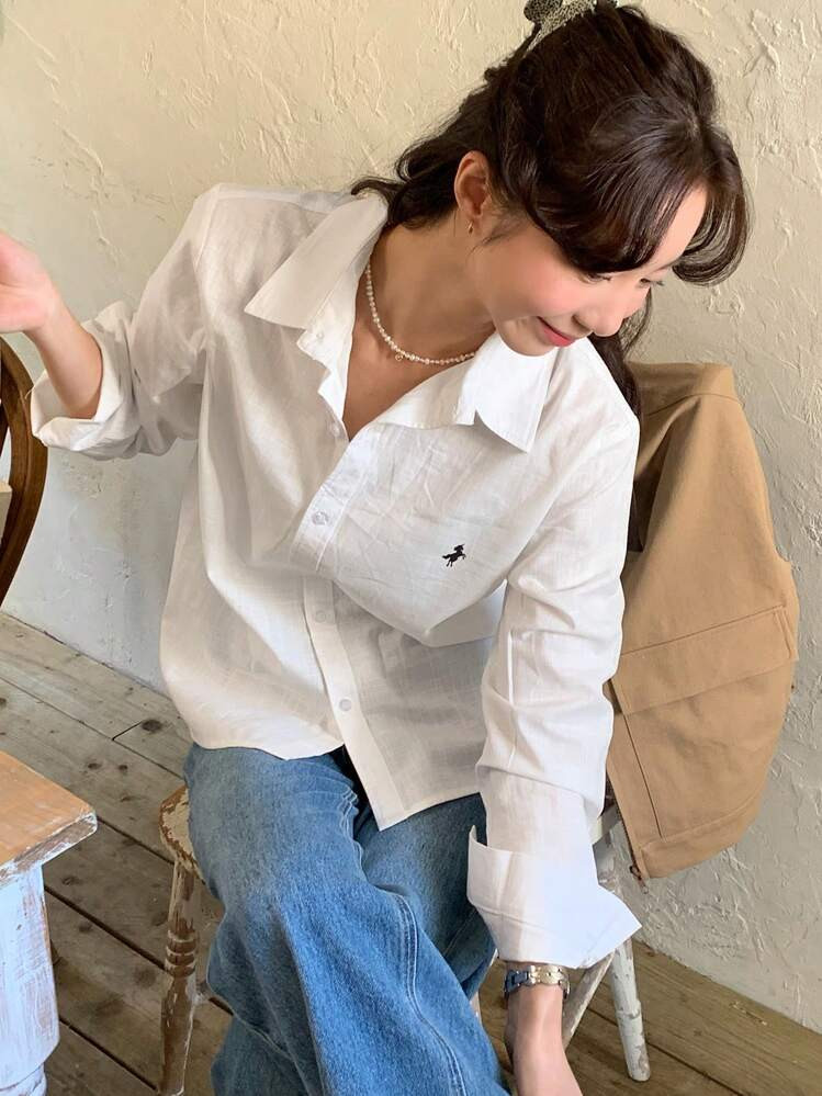 DAZY Women's Casual Embroidered Loose Long Sleeve Turndown Collar Blouse, Fashion & Versatile For... | SHEIN