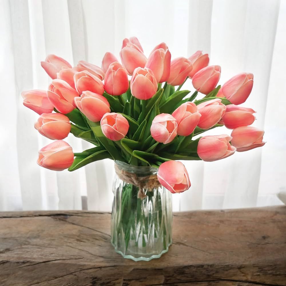 KOILLUXU Artificial Flowers 30pcs Bouquet 14" Tall Real Touch Tulips, Peach Pink PU Fake Tulips Flowers for Arrangement Wedding Party or Easter Spring Home Centerpiece Dining Room Office Table Décor. | Amazon (US)