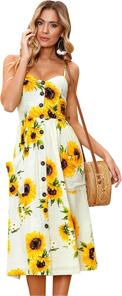 YMING Womens Summer Spaghetti Strap Dresses Button Down Floral Sundress High Waist Swing Midi Dre... | Amazon (US)
