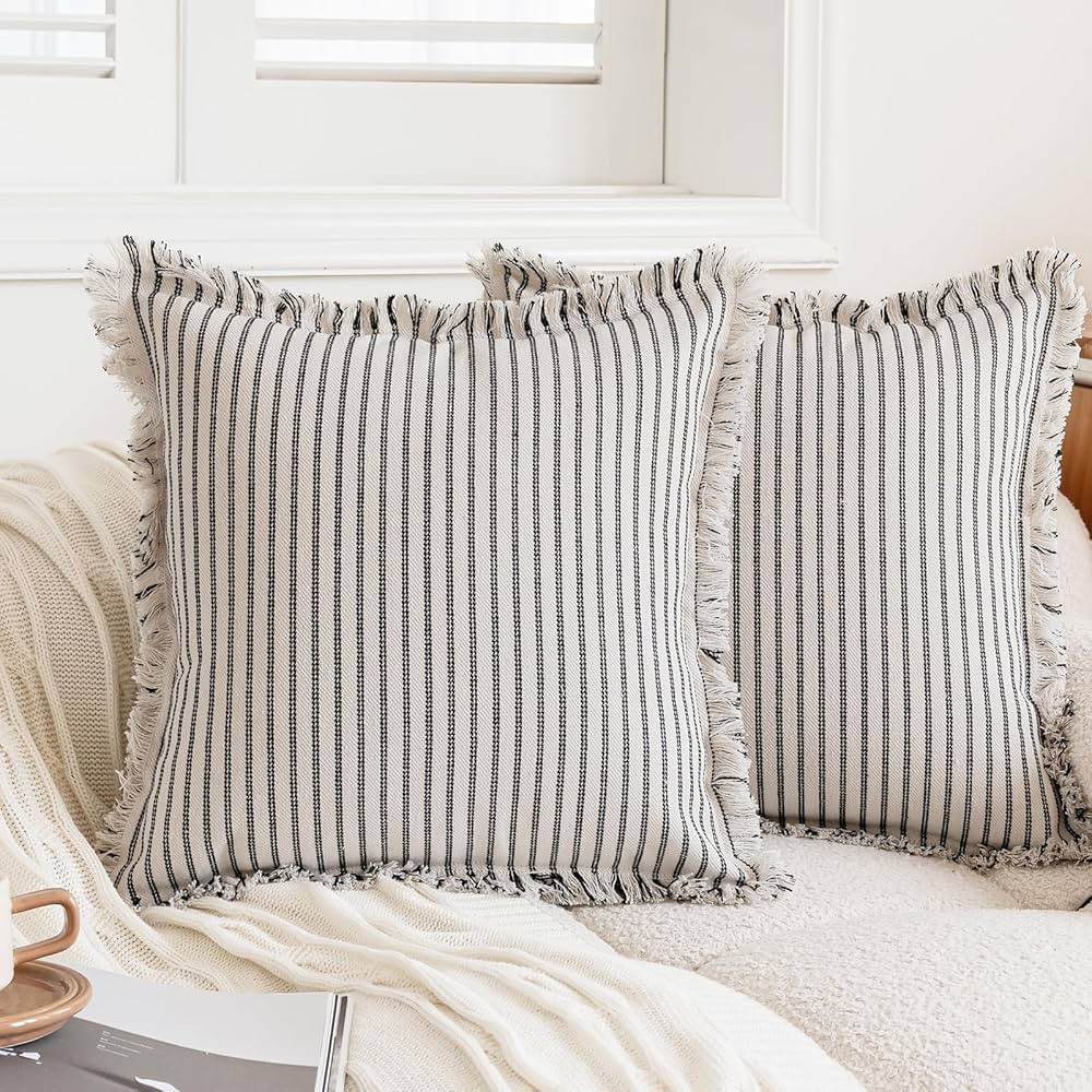 Throw Pillow Covers 18x18 Set of 2 Boho Pillow Covers with Fringe Tassel Farmhouse Cotton Striped... | Amazon (CA)