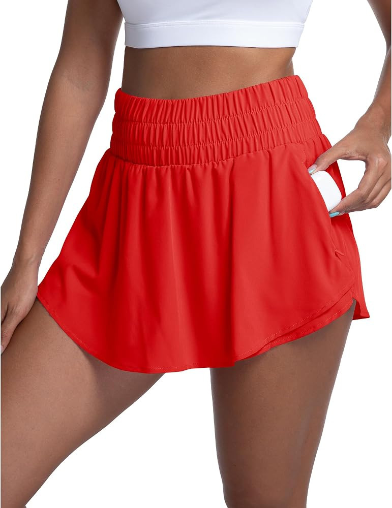 LUCKYCATCUS Women's High Waisted Athletic Shorts Flowy Ruffle Skirt Front Workout Tennis Running ... | Amazon (US)