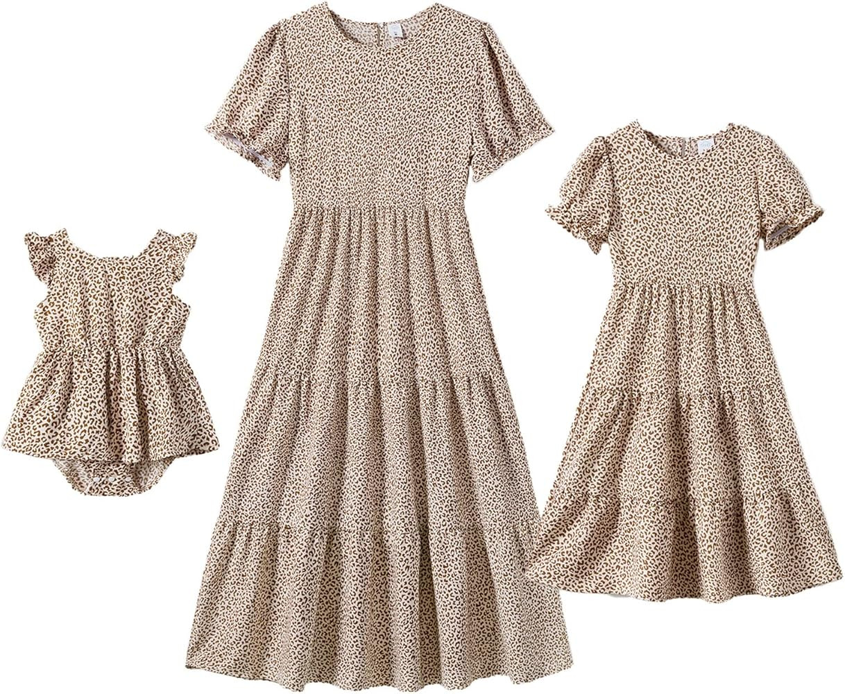 IFFEI Mommy and Me Dresses Summer Casual Boho Matching Outfits Ruffle Puff Sleeve High Waist Midi... | Amazon (US)