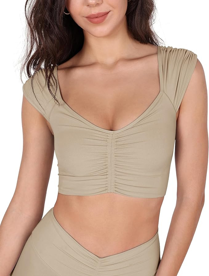 ODODOS Ruched Front Crop Tank for Women V-Neck Cut Out Back Cap Sleeve Cropped Tops | Amazon (US)