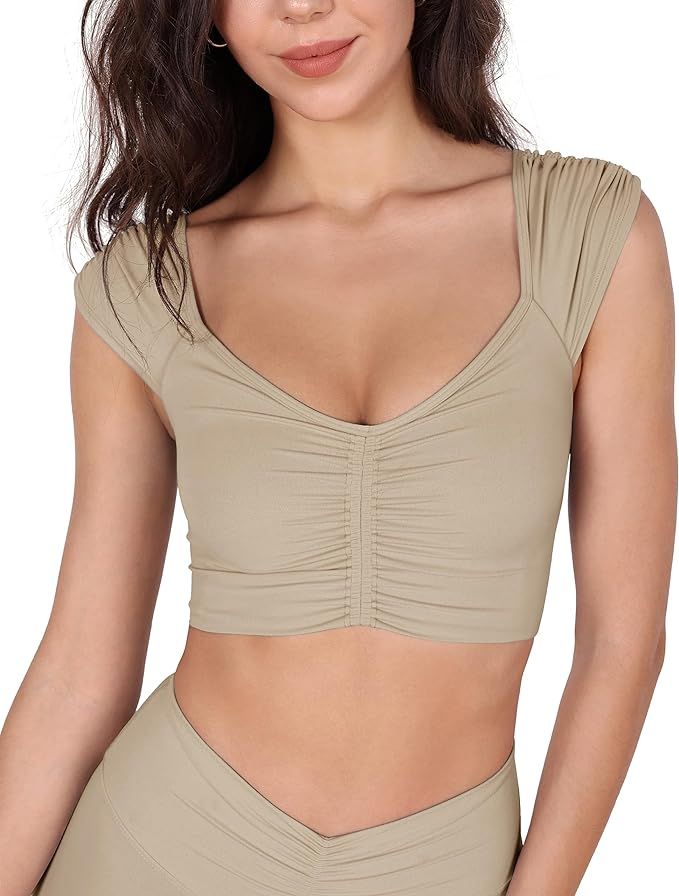 ODODOS Ruched Front Crop Tank for Women V-Neck Cut Out Back Cap Sleeve Cropped Tops | Amazon (US)