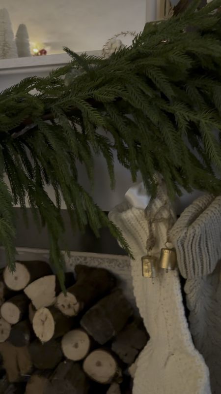 Christmas decor | mantle | natural | CottageCore | modern | stocking | bell | garland | candle | sconces 
