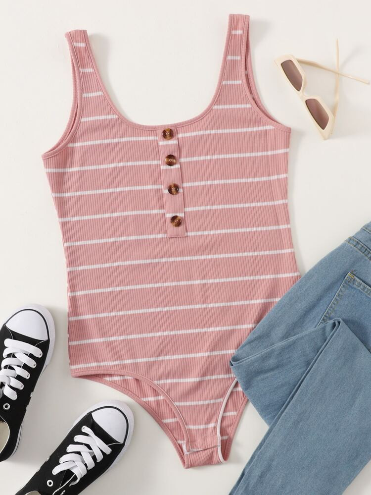 Plus Half Button Striped Tank Bodysuit | SHEIN