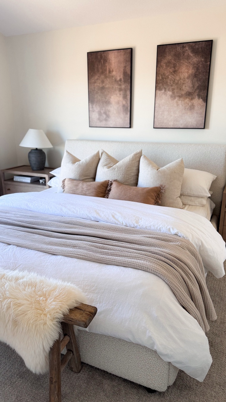 Cozy up your bedroom this fall and winter with @wayfair styling essentials. From moody canvas artwork to French linen bedding and layered earthy throw pillows, to an elm wood bench and soft sheepskin. You’ll never want to leave your bed! 

#Wayfair #wayfairpartner #Ad 

#LTKHome #LTKFindsUnder100 #LTKSeasonal