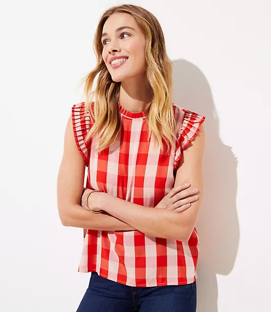 LOFT Gingham Pleated Trim Top | LOFT