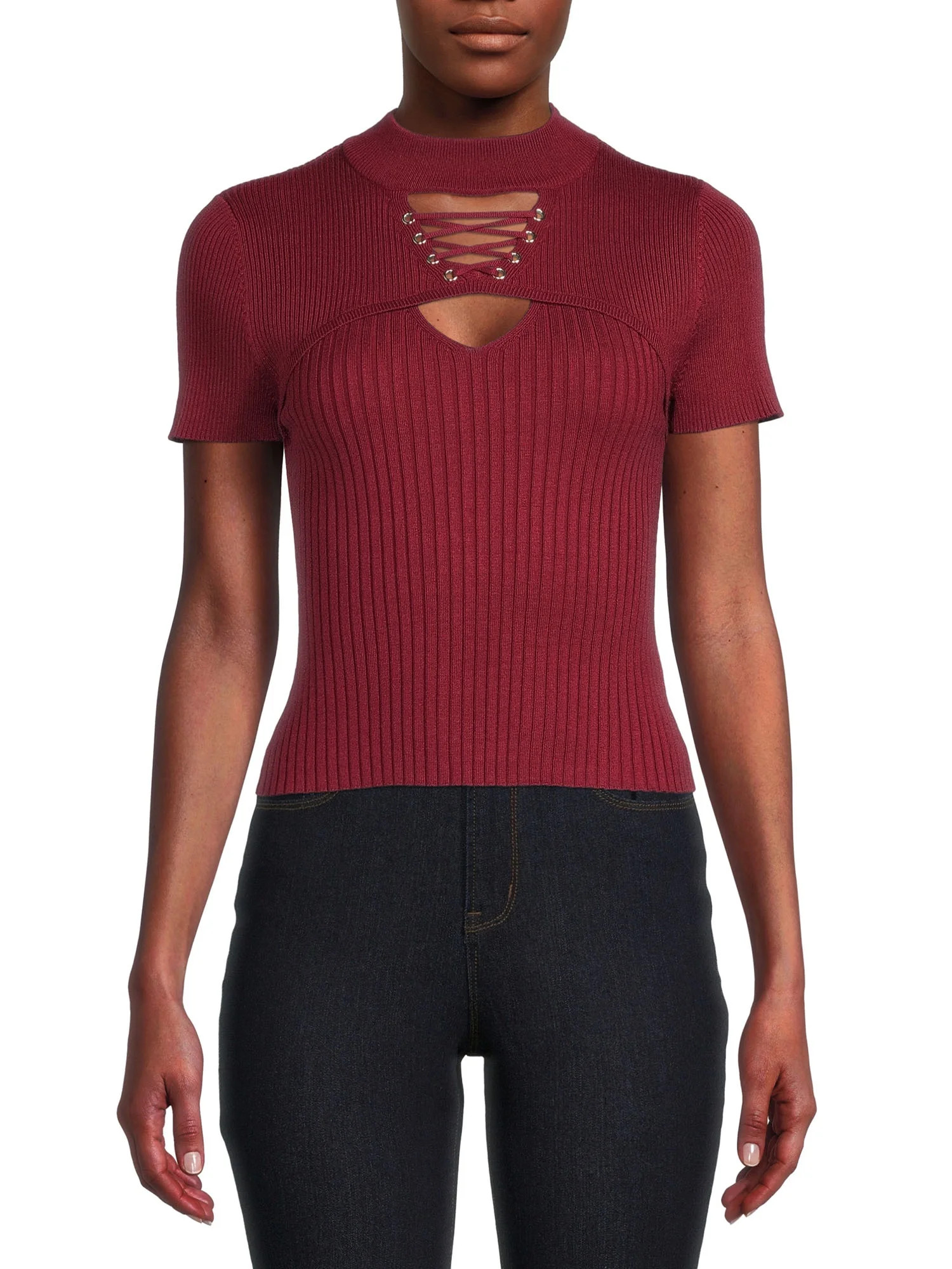 No Boundaries Juniors Knit Lace Up Top - Walmart.com | Walmart (US)