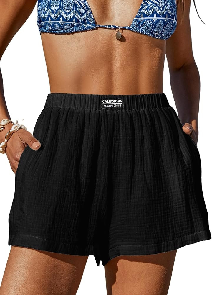 CUPSHE Women's Casual Shorts Cotton High Rise Beach Cover Ups Summer Shorts with Pockets | Amazon (US)
