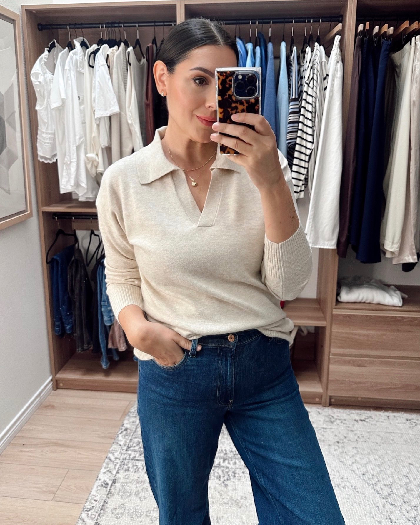 Loved this polo sweater, the feel of it is a nice mid-weight with stretch so it’s a bouncier knit. It steamed out beautifully and I love how it lays. It is a big loose overall, but the large is the right size for me. 

I'm in the 30 long of the Gap jeans. 

 