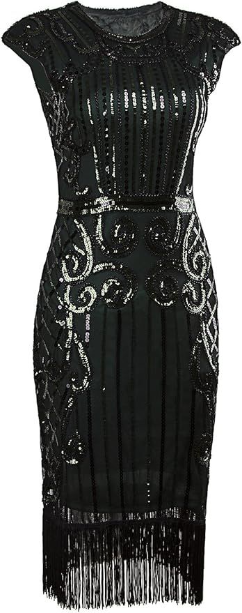 VIJIV 1920s Vintage Inspired Sequin Embellished Fringe Long Gatsby Flapper Dress | Amazon (US)