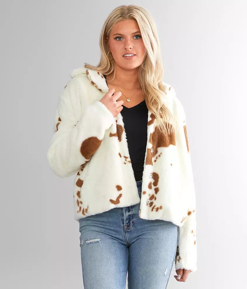 Cow Print Faux Fur Jacket | Buckle