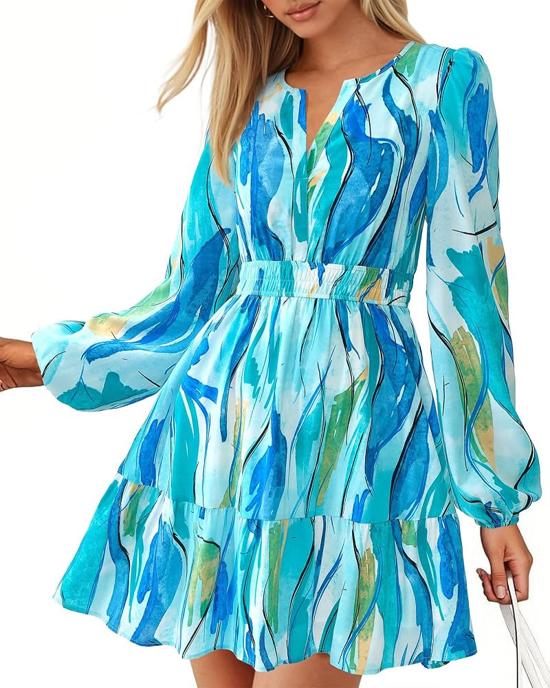 BTFBM Fall Dresses for Women 2026 Mini Long Sleeve Elastic Waist Summer Vacation Outfits Floral W... | Amazon (US)