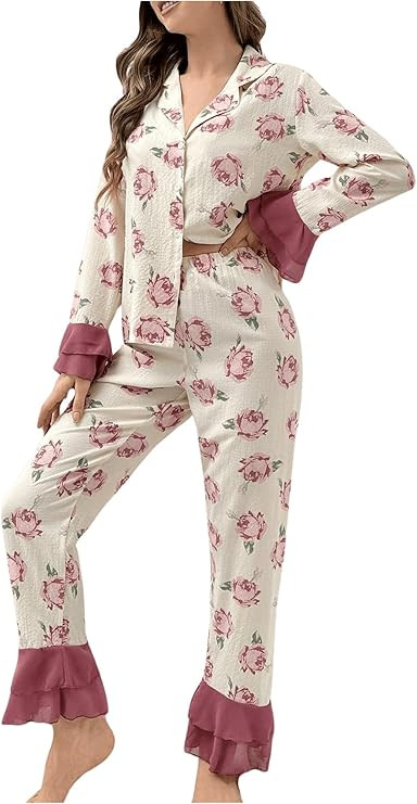 Verdusa Women's Floral Print Ruffle Trim Button Up Shirt and Pants 2 Piece Loungewear Pajama Set | Amazon (US)