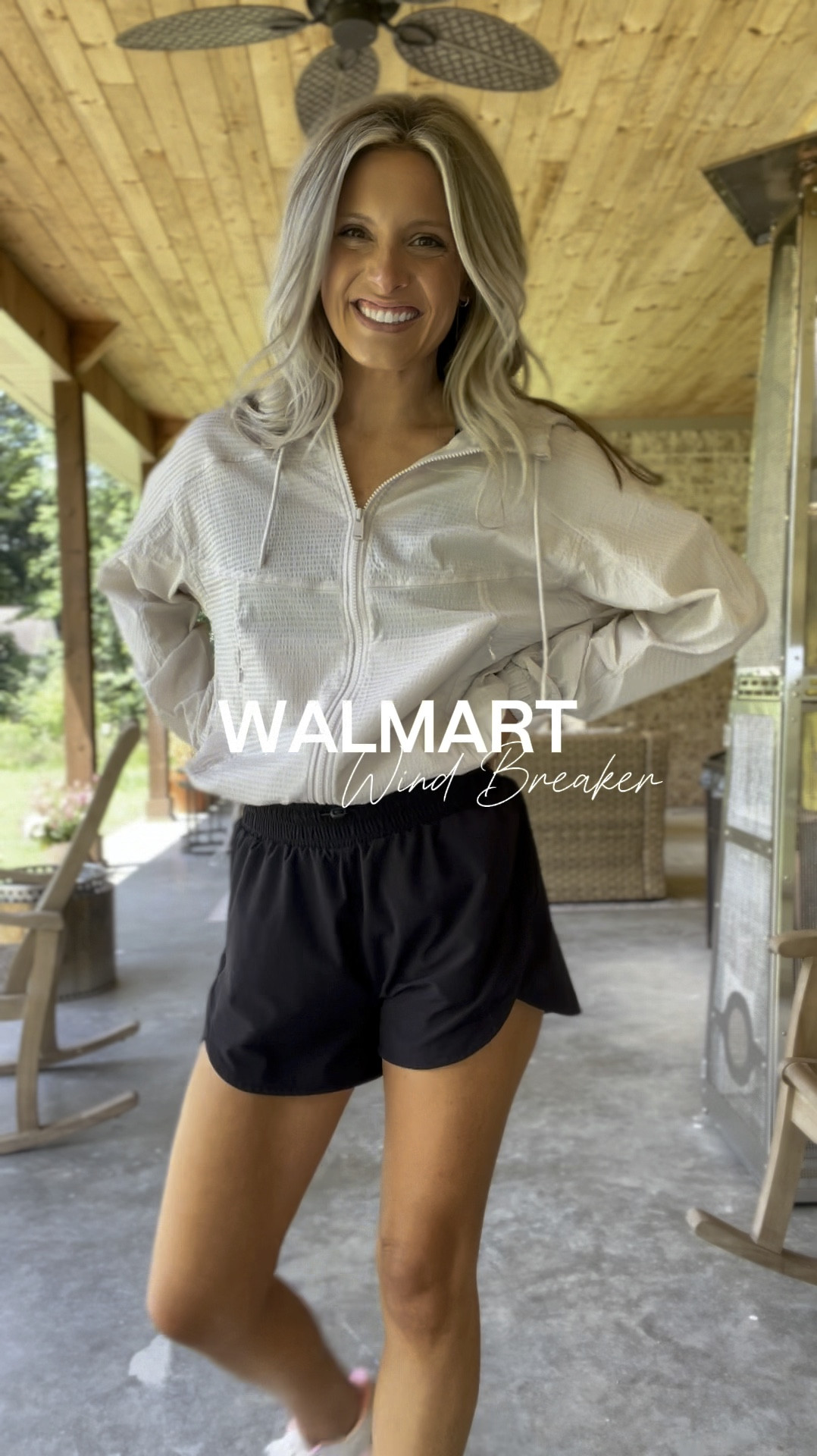 Love this wind breaker/ rain lightweight jacket. Has adjustable ties at bottom
so you can pull in. Wearing a size xs runs TTS! 
Walmart finds, Walmart fashion 