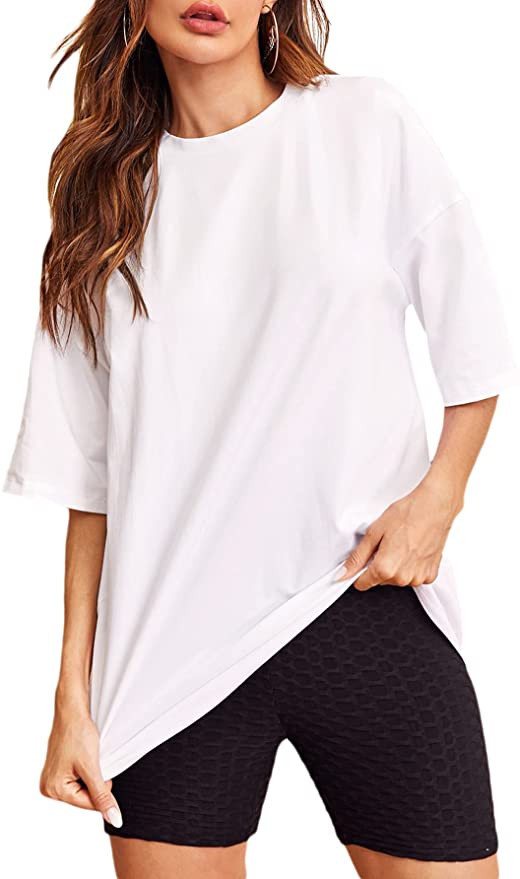 Verdusa Women's Casual Basic Round Neck Half Sleeve Oversized Tunic Tee Shirt | Amazon (US)