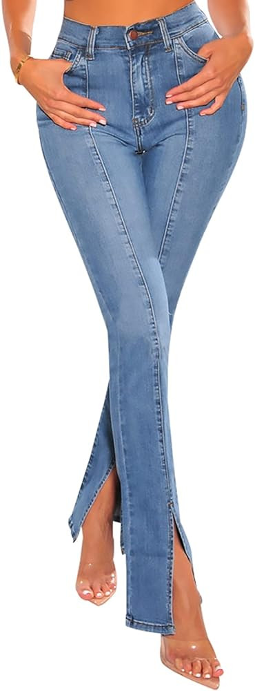 FairBeauty Women's Skinny Stretch Jeans Frayed Raw Hem Slim Fit Jeans Ripped Denim Pants | Amazon (US)