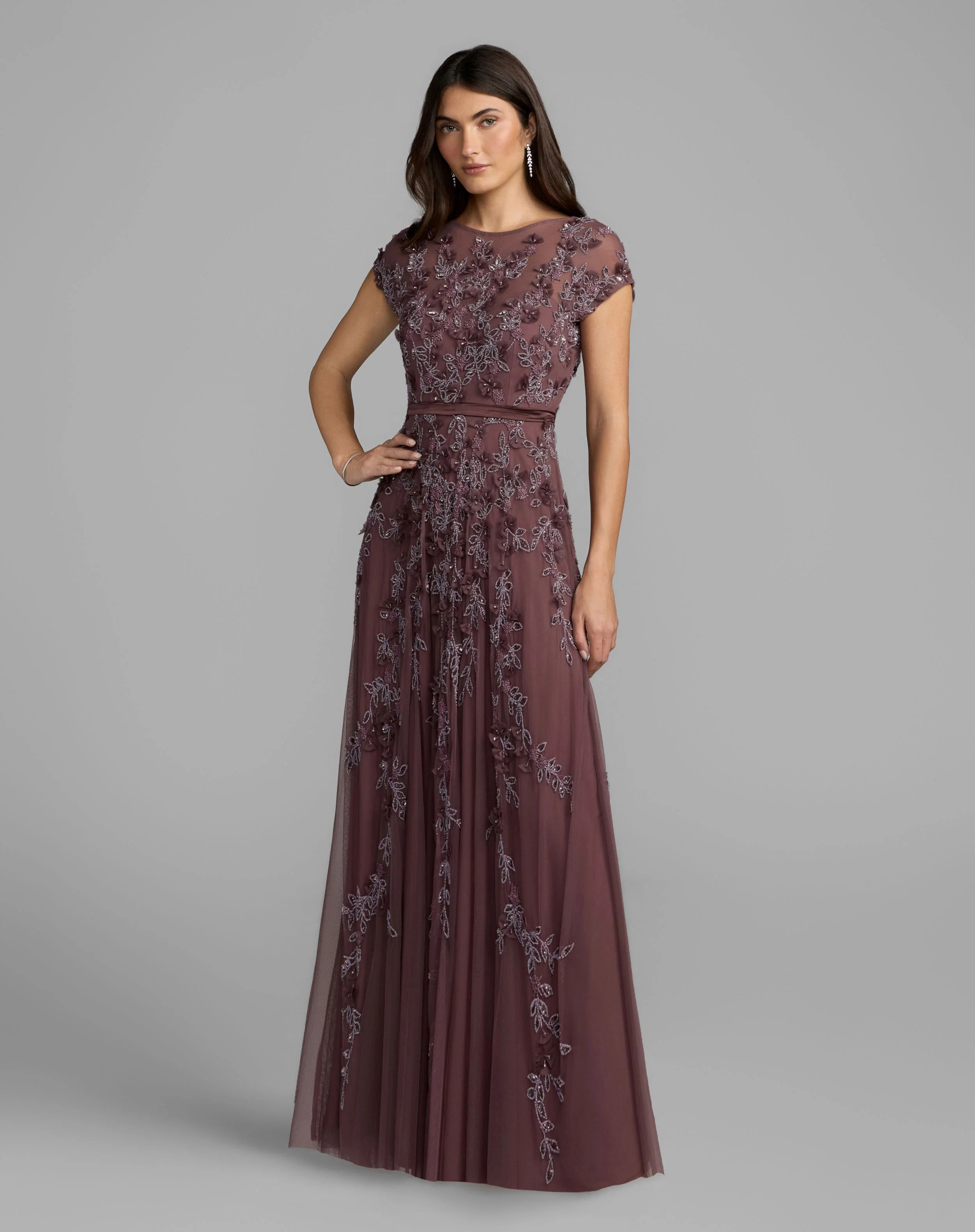 Purple Floral Embellished Cap Sleeve Gown | Mac Duggal | Mac Duggal