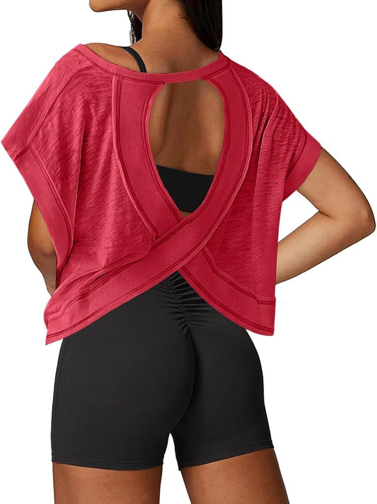 UNIANKIYA Open Back Workout Tops for Women Loose Fit Athletic Crop Tee Short Sleeve Gym Running Y... | Amazon (US)