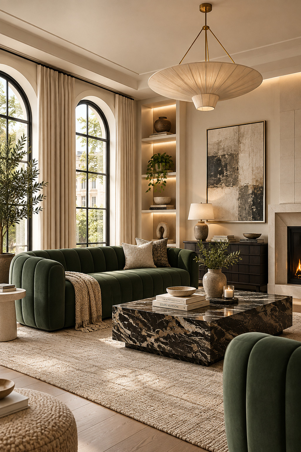 Obsessed with this deep green sofa for fall 🍂 It gives the room the prettiest rich, cozy look while still feeling super modern and polished. The green works so well with cream, warm beige, black marble, wood tones, and brass accents. Definitely one of those CB2 finds that can completely transform a living room for the season.
#CB2Finds #GreenSofa #FallLivingRoom #FallHomeDecor #VelvetSofa #LivingRoomIdeas #ModernLuxury #CozyFallHome #HomeDecorIdeas #LivingRoomInspiration #ModernInteriors #FallFurniture #DesignerHome #LuxuryLivingRoom 

 #LTKSeasonal #LTKHome #LTKSaleAlert