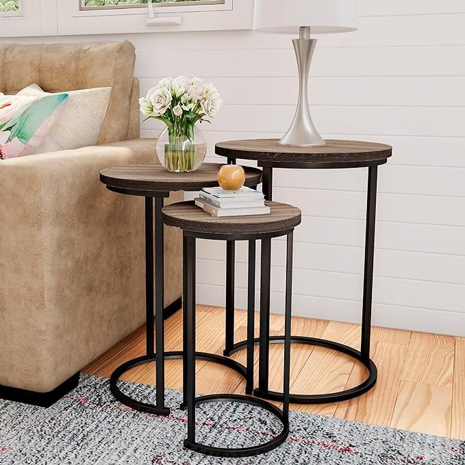 Lavish Home Set of 3 Round Living Room Nesting or End Tables with Black Metal Base, Gray-Brown | Amazon (US)