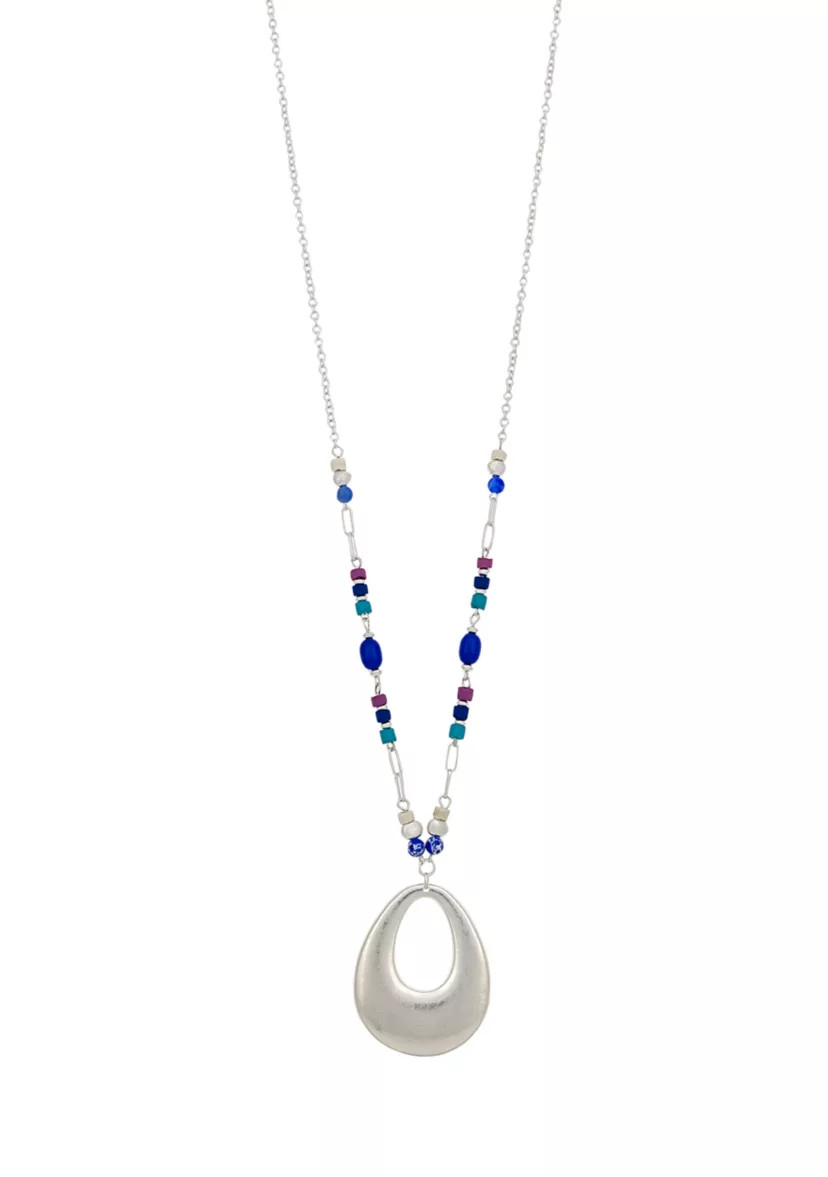 Silver Tone Long Open Teardrop Pendant on Chain with Multi Colored Beads Necklace | Belk