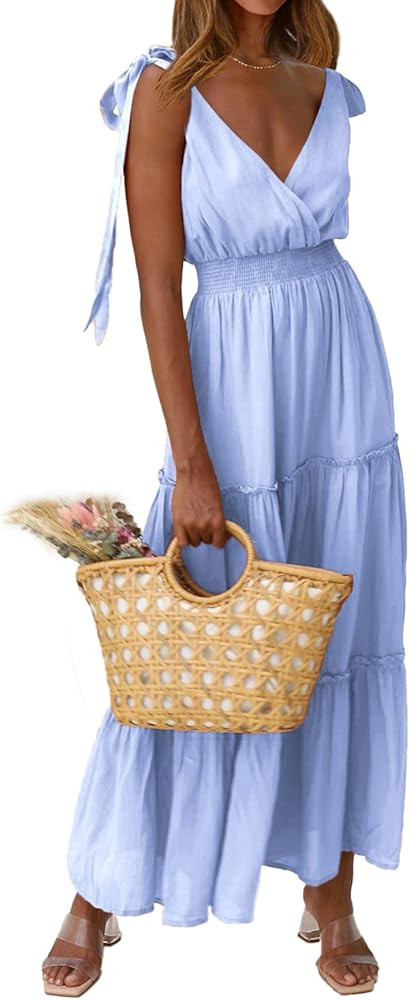PRETTYGARDEN Women's Cross Neck Summer Sleeveless Tiered Maxi Dress Beach Tie Strap Smocked Long ... | Amazon (US)