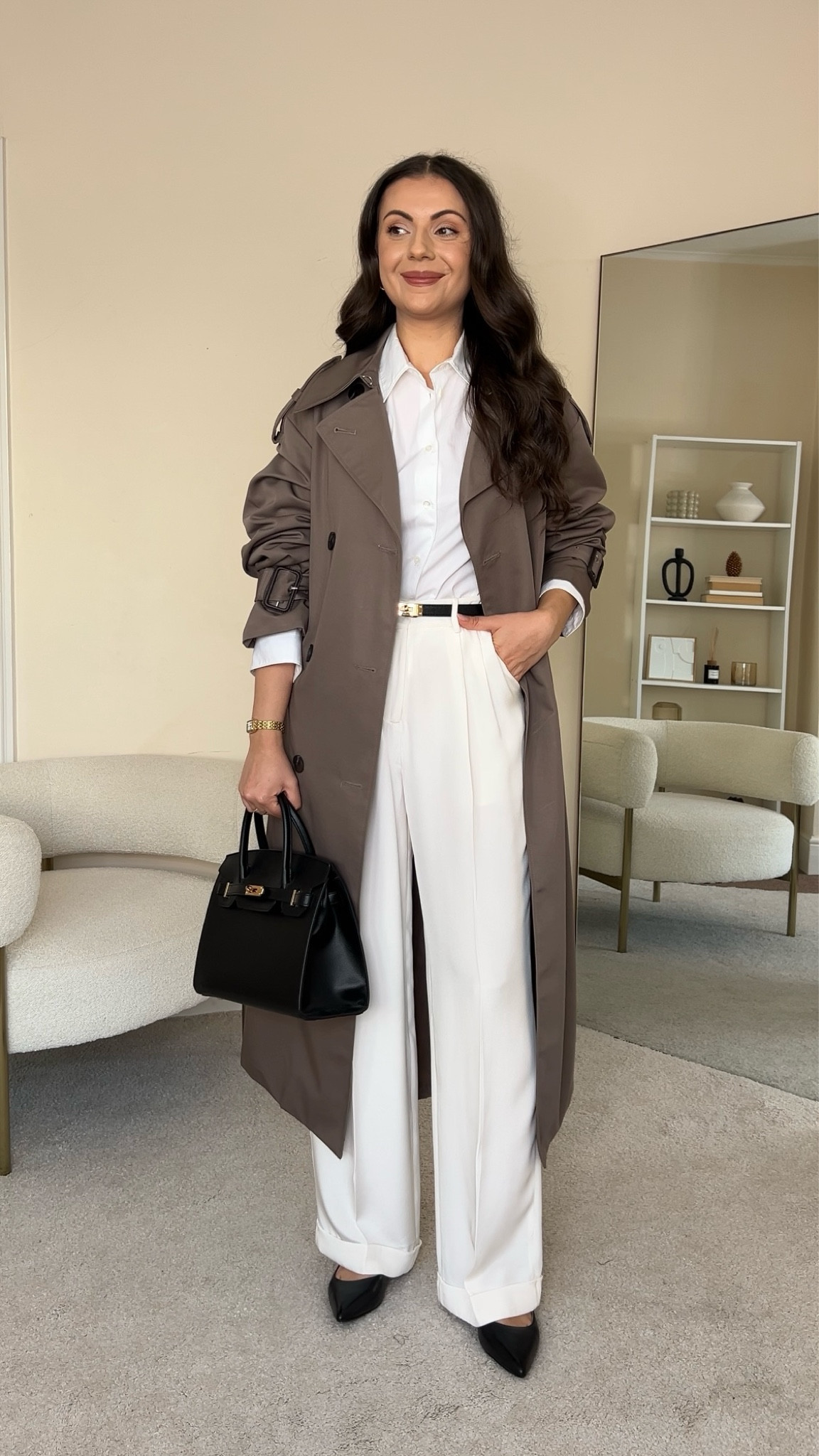 Smart casual summer to autumn transitional outfit. Shirt is old Mango. Trench coat is H&M, wearing size S. Trousers are LilySilk, wearing size UK10.

#LTKeurope #LTKautumn #LTKstyletip
