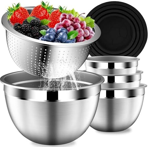 Mixing Bowls with Lids Set, Stainless Steel Mixing Bowls with Colander, Strainer with Mixing Bowl... | Amazon (US)