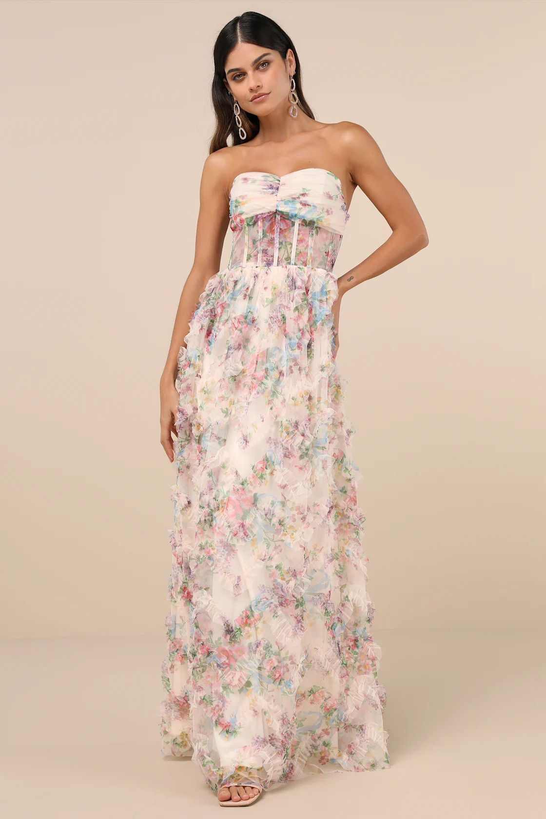 Stunning Element Cream Floral Mesh Ruffled Strapless Maxi Dress | Lulus
