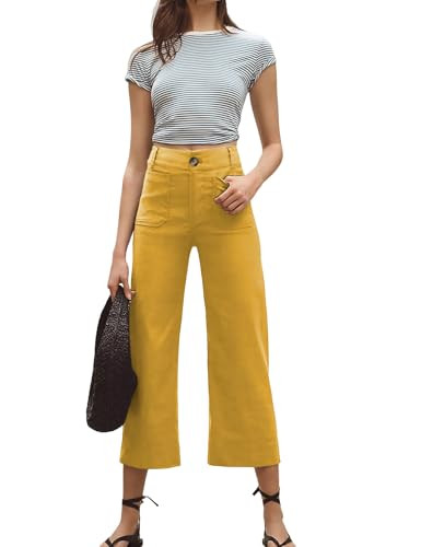 Fmkagva Cropped Wide-Leg Pants Casual High Waist Baggy Pants Stretchy Straight Trousers with Pockets (Yellow-S) | Amazon (US)