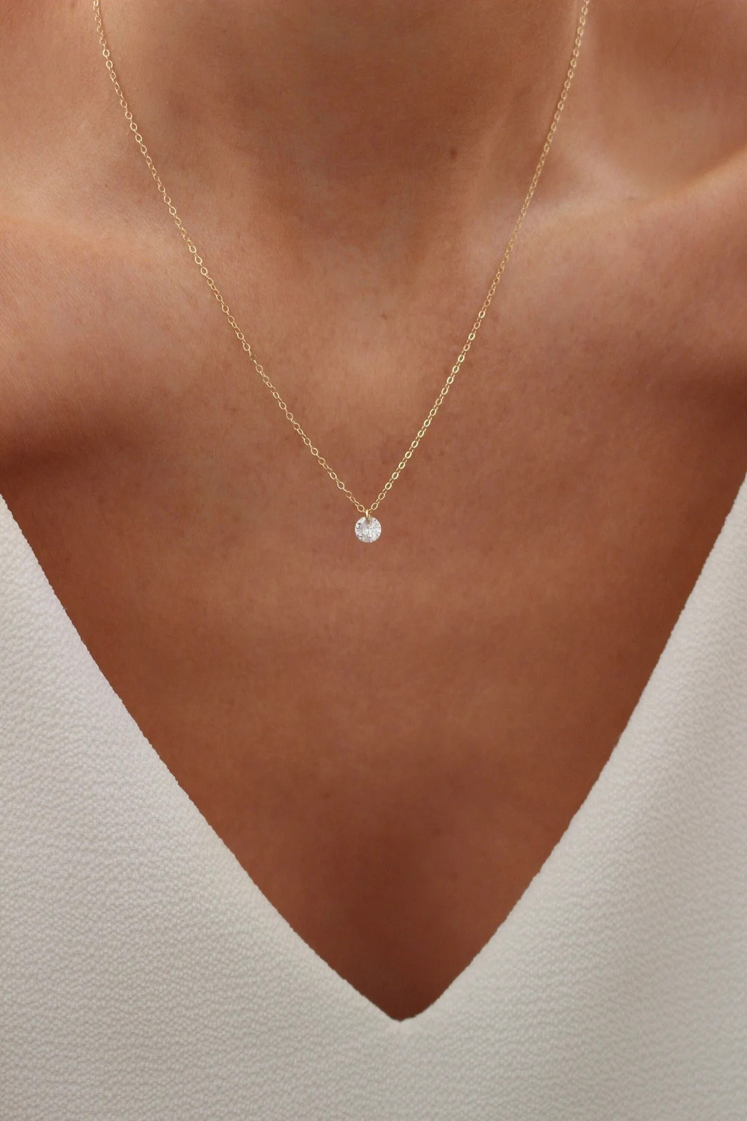 Floating Diamond Necklace | Dainty Diamond Necklace | Diamond Solitaire Necklace | Dainty Gold CZ... | Etsy (US)