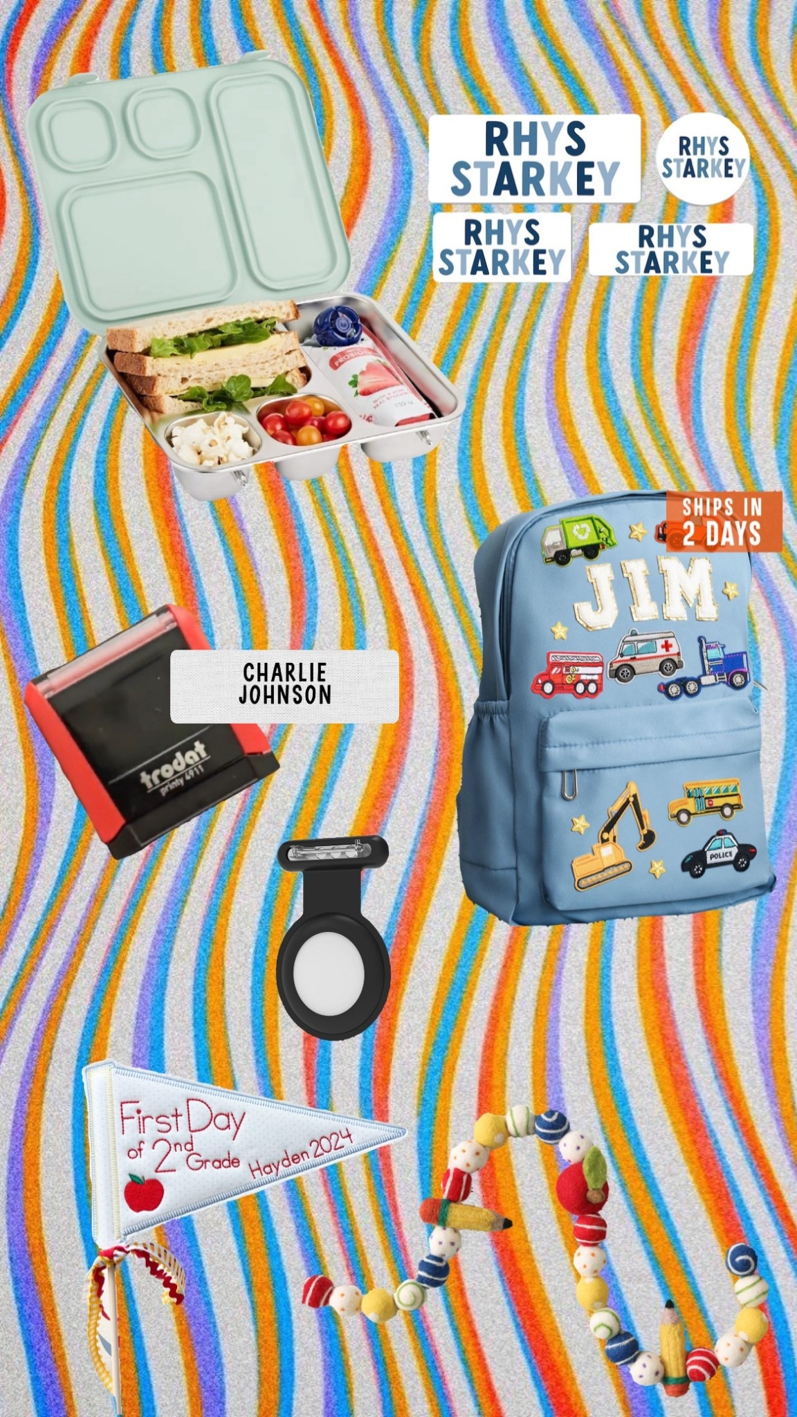 First day of school is approaching. Besides the obvious need for a backpack and lunchbox this is what I bought as a first time mom sending me toddler off to some sort of child care. Dishwasher safe name stickers to label items, a fabric name stamp for extra clothes, an air tag to pin to his clothes bc I’m psycho, a pennant for a cute pic, and a school supply banner to hang in his room. Am I missing anything? #preschool #toddler #firstdayofschool #backtoschool
#daycare #momsmorningout #MMO 

#LTKKids