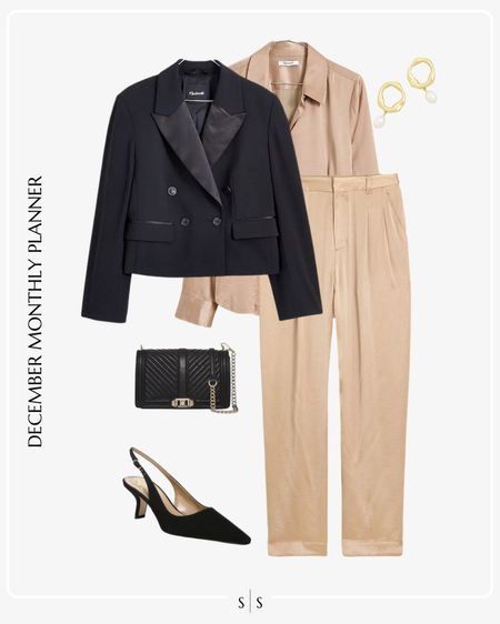 Monthly outfit planner: DECEMBER: Winter looks | crop blazer, satin button up, satin tapered pant, sling back heel, crossbody, Holiday party outfit, Christmas, New Years outfit

See the entire calendar on thesarahstories.com ✨ 

#LTKstyletip #LTKHoliday