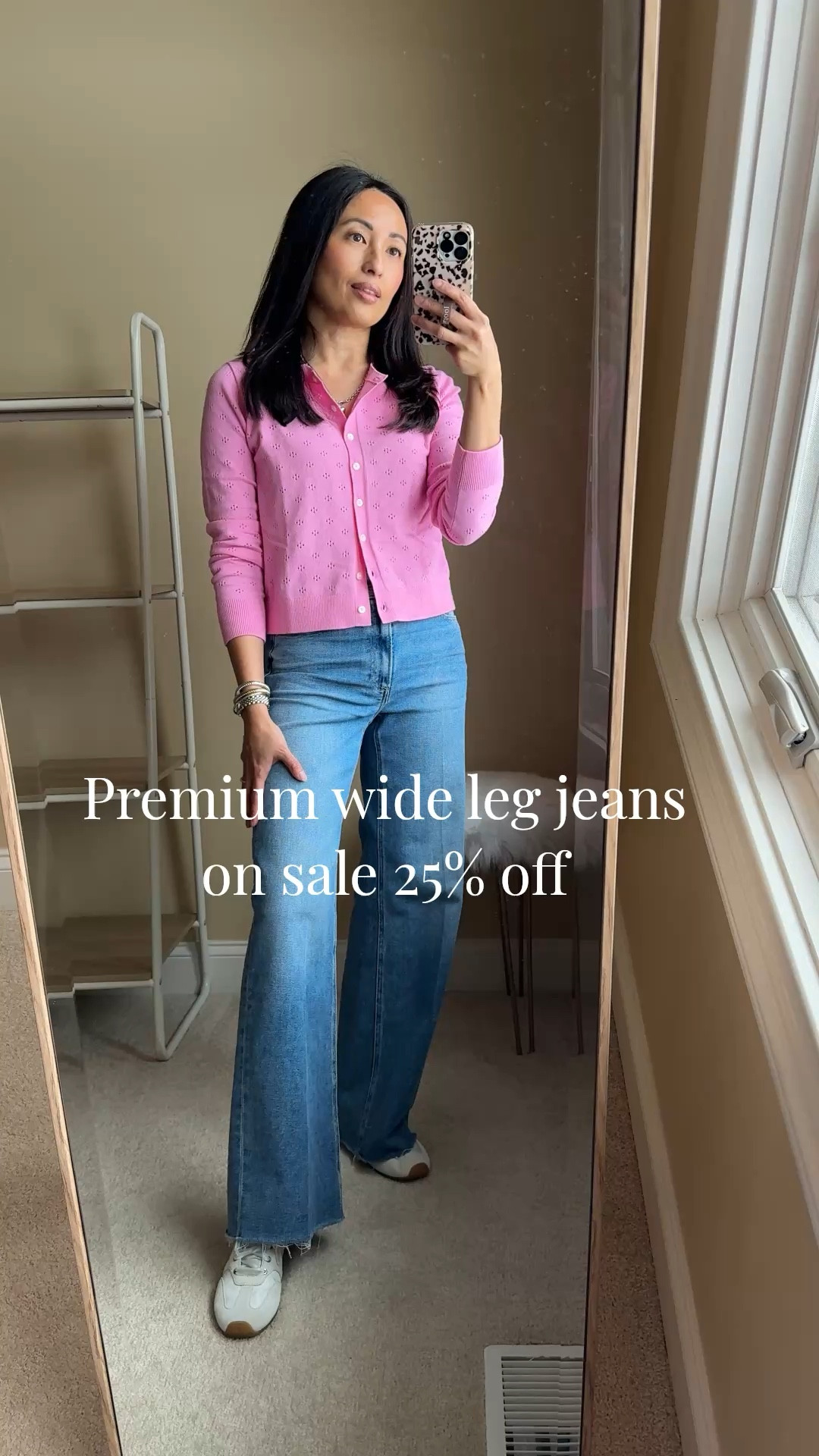 Spring outfit. Premium wide leg jeans are on sale 25% off. Flattering fit on all body types. Soft denim that has stretch, but still keeps its shape. I go between 2 sizes and took my smaller size. Consider sizing down. 
Pink cardigan is a nice spring sweater. I sized up for room to layer. 
Ballet sneakers. Spring sneakers  


#LTKootd #LTKOver40