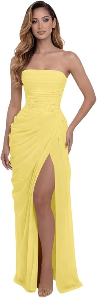 Strapless Prom Dresses with Slit for Teens 2026 Ruched Mermaid Long Formal Evening Ball Gowns | Amazon (US)