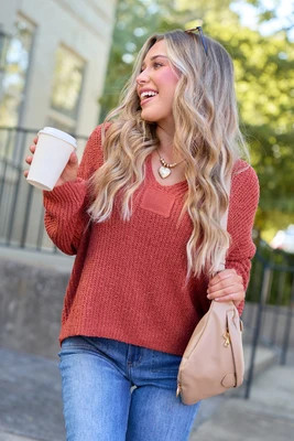 Mckenzie Rust Open Knit V-Neck Sweater DOORBUSTER | Pink Lily