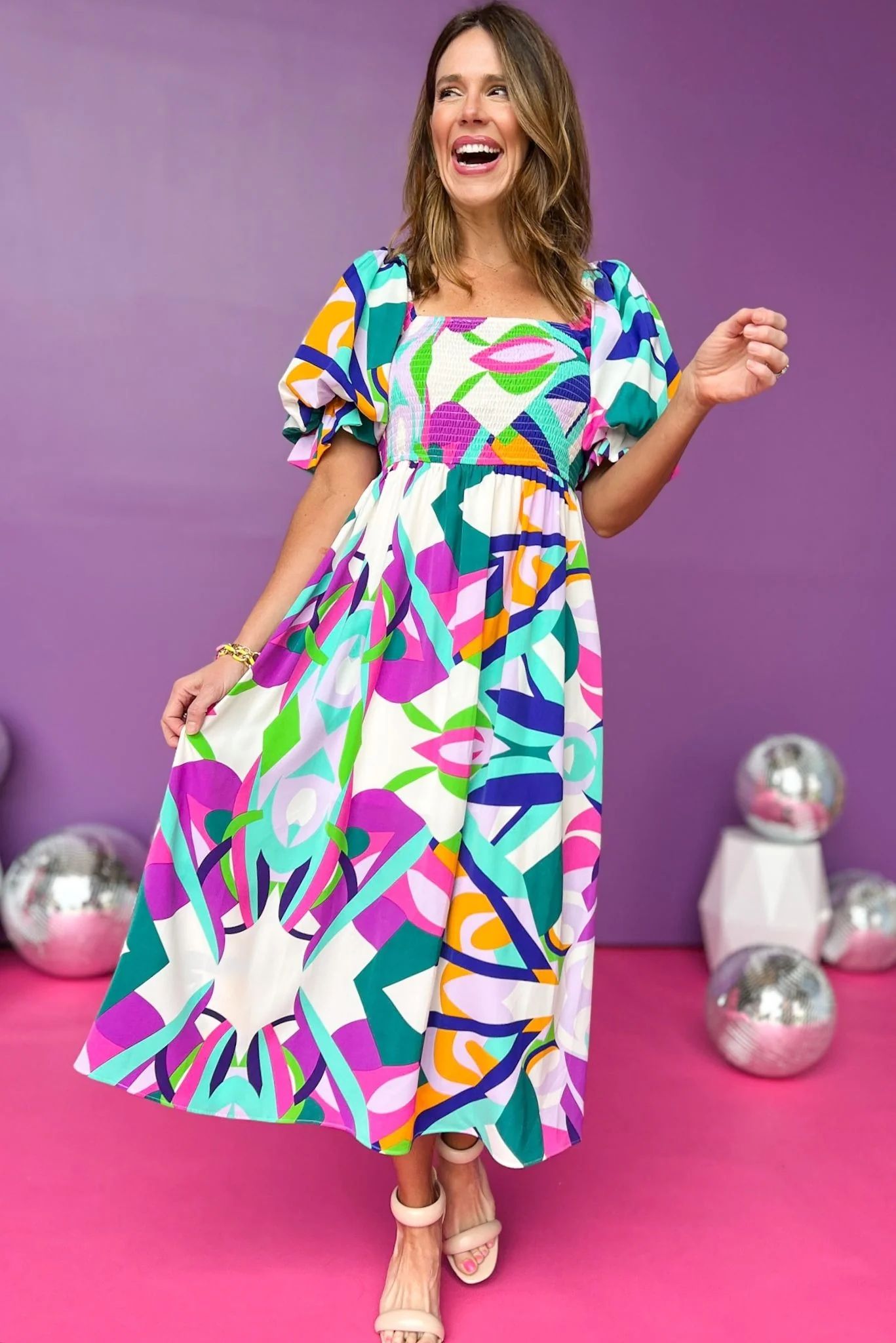 Mint Multi Print Square Neck Puff Sleeve Smocked Bodice Midi Dress | Shop Style Your Senses
