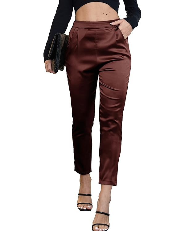 heipeiwa Women's Satin Pants Dress Casual Pleated Pull on High Waist Pants Baggy Front Tapered Tr... | Amazon (US)