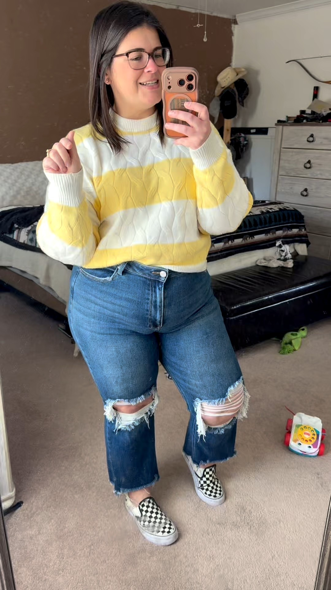 Easy everyday outfit you’ll reach for on repeat 🤍💛

This striped knit sweater is lightweight, comfy, and perfect for layering as we transition seasons. I paired it with distressed dark wash denim that has great stretch and holds shape (major win if you want structure + comfort).

Finished the look with classic checkered Vans for an effortless casual vibe.

This isn’t your typical date night outfit, but it’s perfect for casual dinner, weekend outings, school pickup, or everyday wear when you still want to feel put together.

✔️ True to size options linked
✔️ Stretchy, comfortable denim
✔️ Easy knit you can dress up or down
✔️ Budget-friendly pieces

#LTKgrwm #LTKMidsize #LTKootd