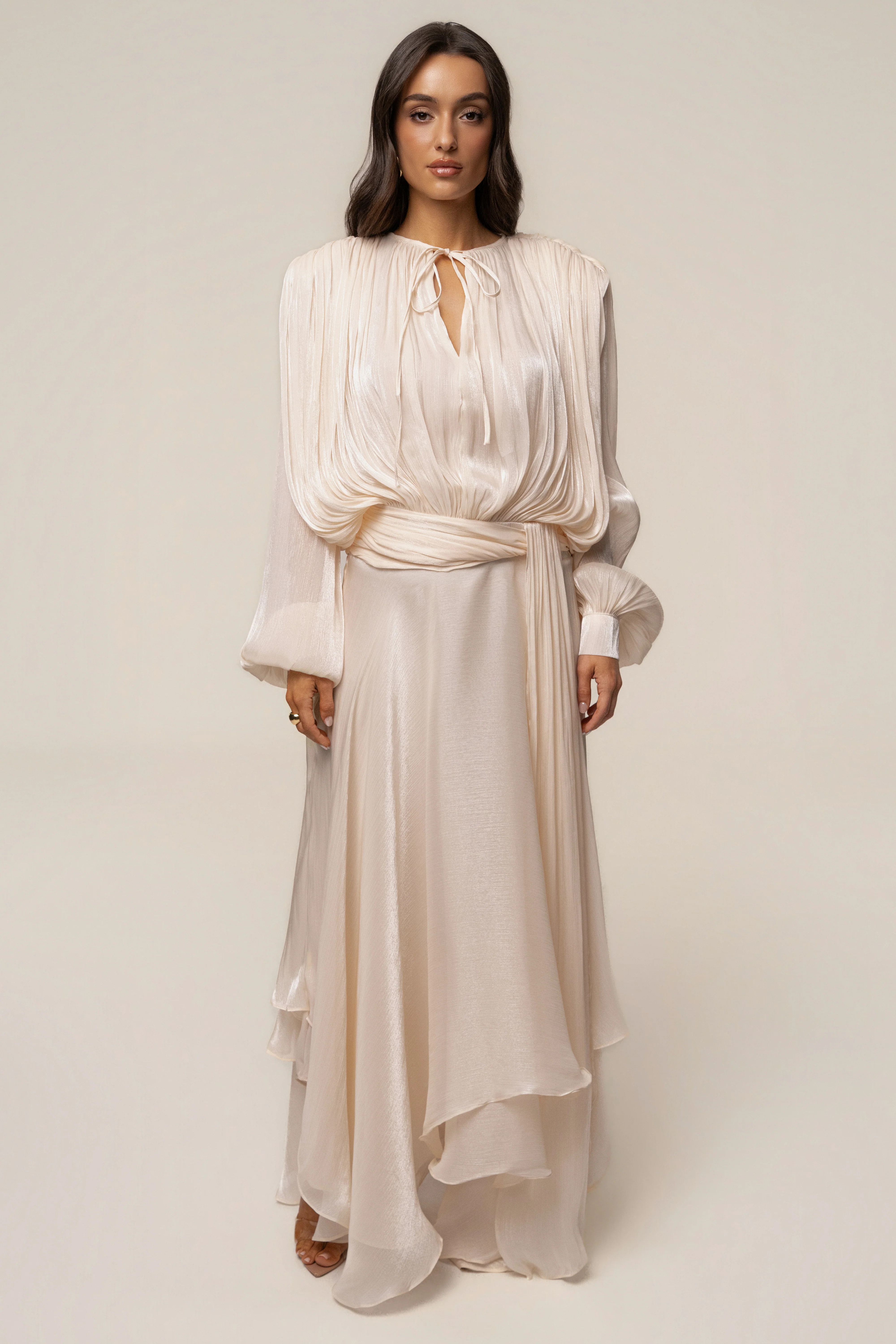 Cream Draped In Elegance Maxi Dress | JLUXLABEL US