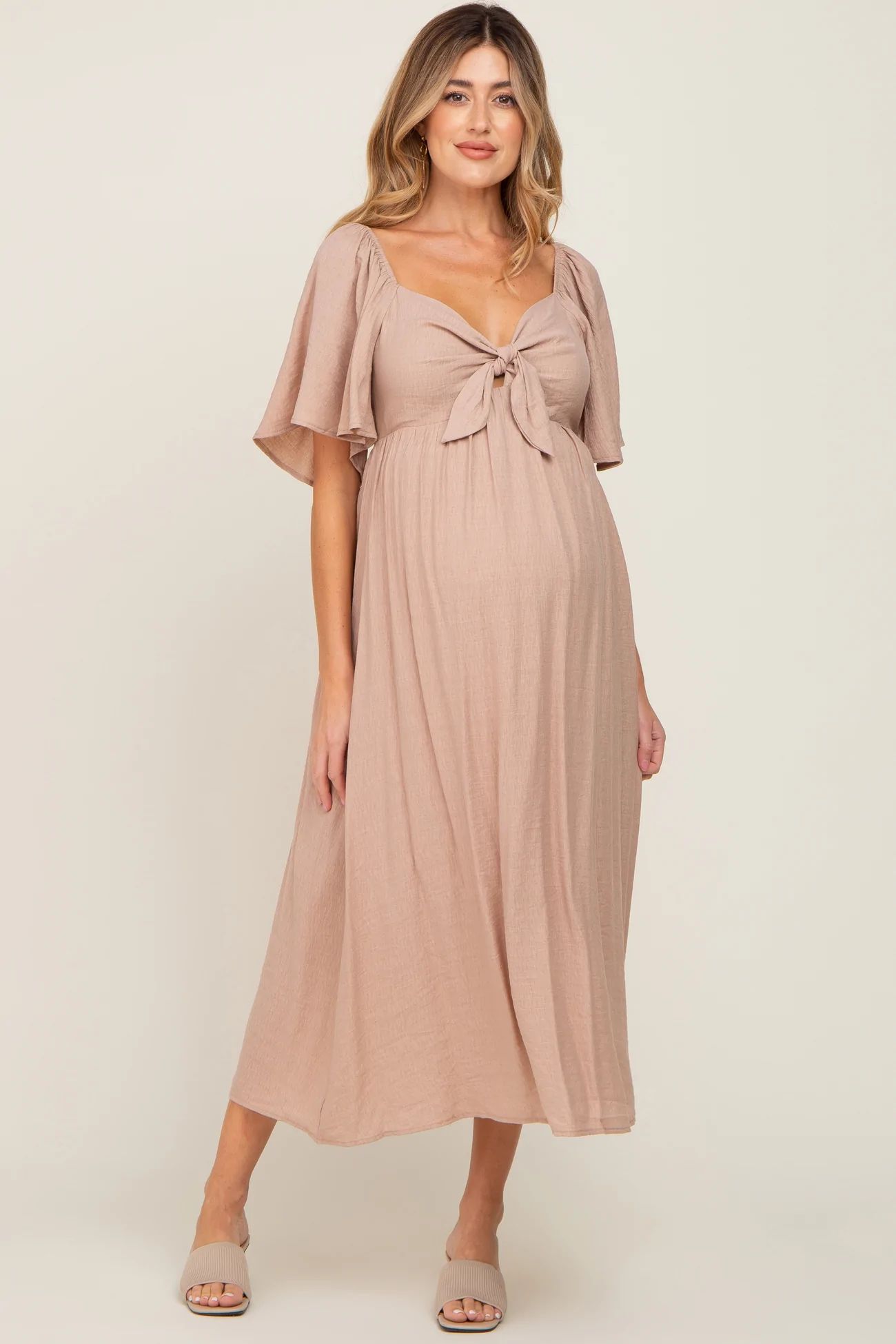 Mocha Front Tie Ruffle Sleeve Maternity Midi Dress | PinkBlush Maternity