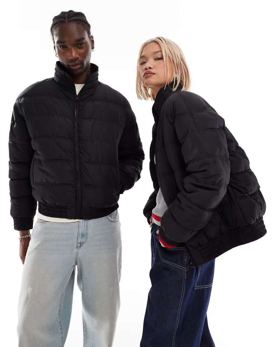 Reclaimed Vintage unisex zip through puffer jacket in black | ASOS (Global)